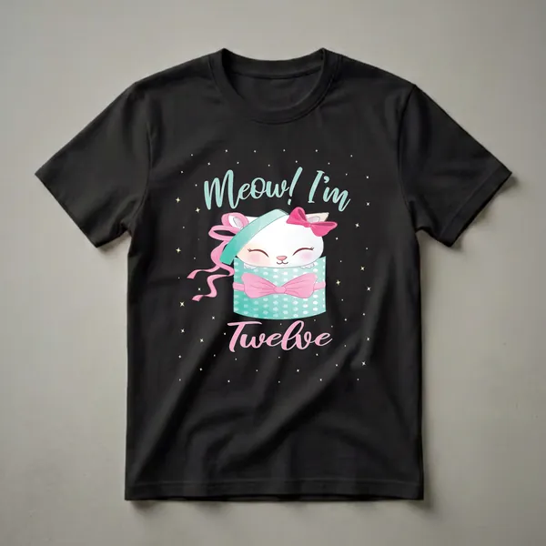 Black t-shirt featuring a cartoon white cat with a pink bow peeking out of a teal polka dot gift box, with the words 'Meow! I'm Twelve' and yellow stars scattered around.
