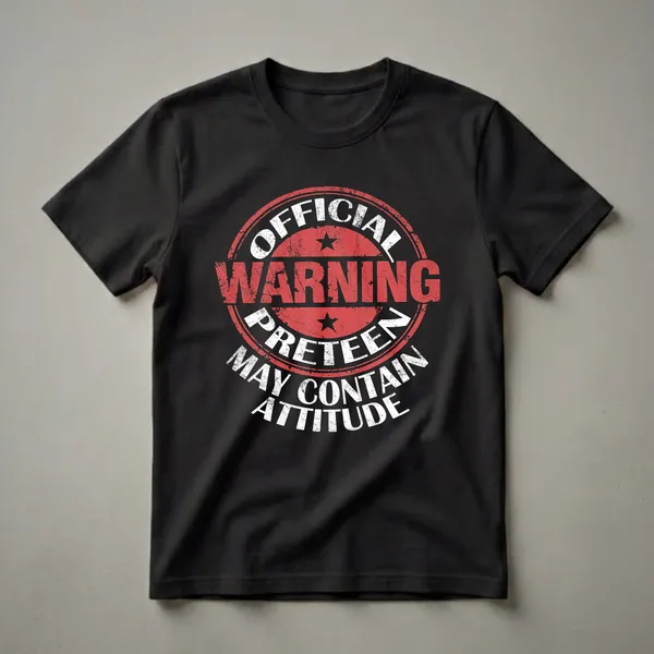Black t-shirt with a distressed circular graphic featuring white and red text that reads "Official Preteen Warning May Contain Attitude".
