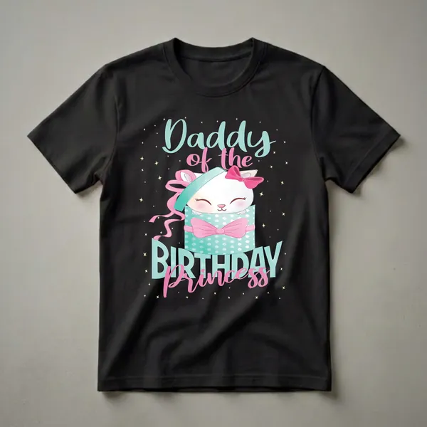 Black t-shirt with 'Daddy Of The Birthday Princess' text, featuring a watercolor illustration of a white kitten in a teal polka-dot gift box with pink bows and yellow stars.