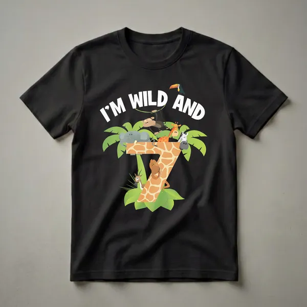 Black t-shirt with a large, orange and tan patterned number 7 surrounded by cartoon jungle animals including an elephant, giraffe, zebra, monkey, and snake, with green palm leaves.