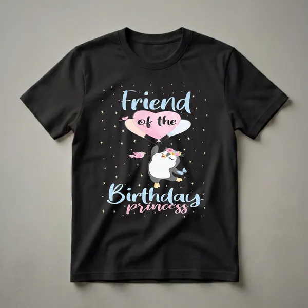 Black t-shirt featuring a cartoon penguin wearing a flower crown, holding pastel balloons, with a pink bird and blue butterfly against a starry night background, with text 'Friend of the Birthday Princess'.