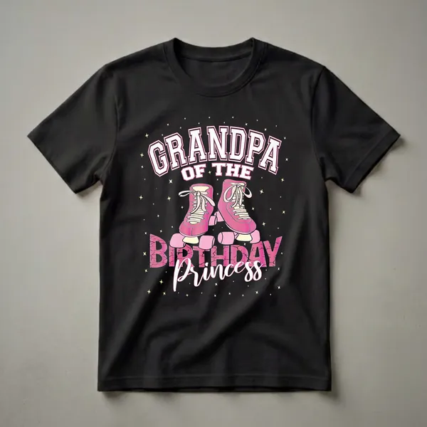 Black t-shirt featuring the text 'GRANDPA OF THE BIRTHDAY Princess' with pink roller skates and yellow stars.