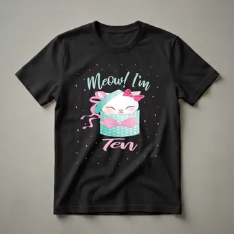 Meow I'm Ten Cat Birthday Girl T-Shirt for 10-Year-Olds