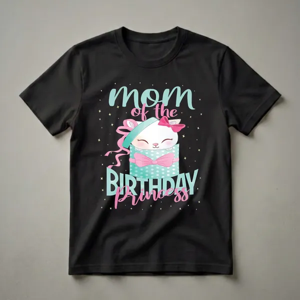 Black t-shirt with a watercolor illustration of a white kitten in a polka-dot gift box, wearing a pink bow, with text 'Mom of the Birthday Princess' and scattered stars.
