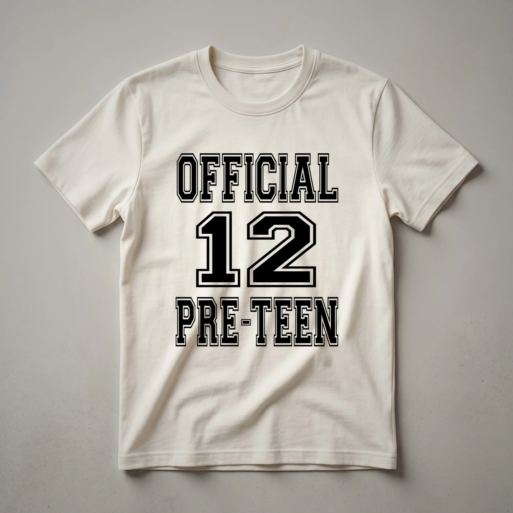 White graphic t-shirt with the number 12 and the word 'Official' in a distressed font, celebrating a 12th birthday.