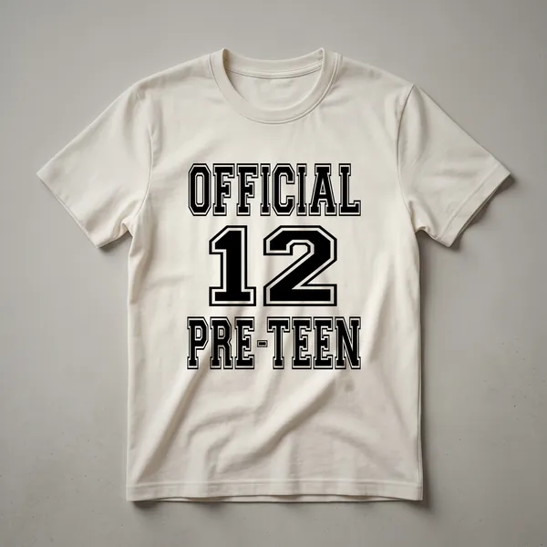 White graphic t-shirt with the number 12 and the word 'Official' in a distressed font, celebrating a 12th birthday.