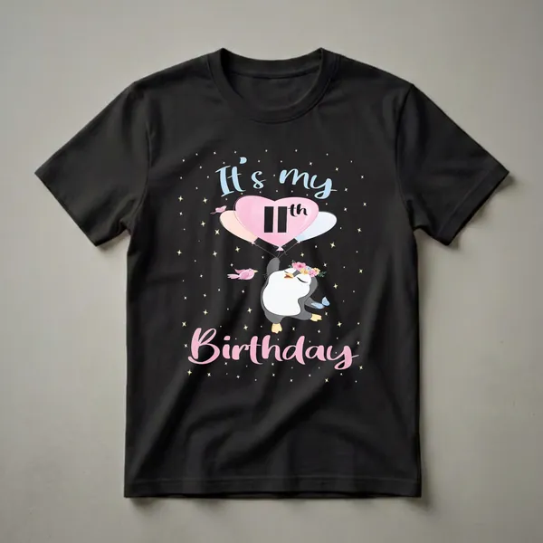 Black t-shirt featuring a cartoon penguin wearing a flower crown, holding balloons with '11th' on a heart balloon, surrounded by stars, birds, and butterflies, with 'It's my Birthday' text.