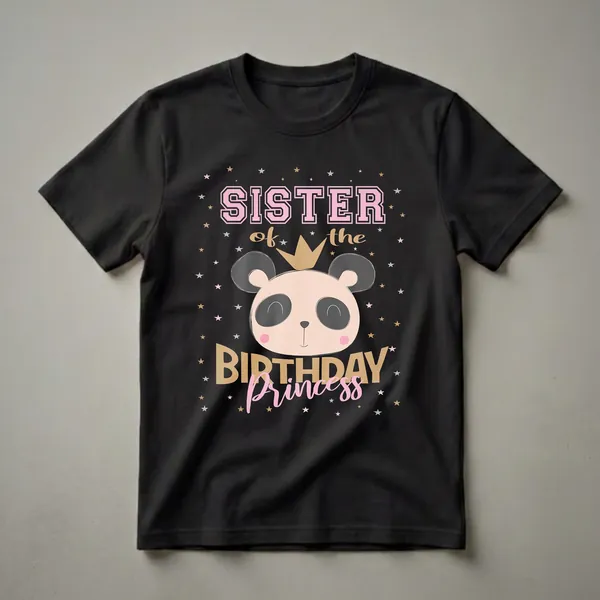 Black t-shirt with a graphic design featuring a cartoon panda wearing a crown, the words 'Sister of the Birthday Princess', and scattered stars.