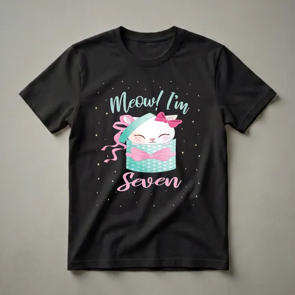 Black t-shirt featuring a cartoon white kitten with a pink bow in a teal polka-dot gift box, with the text "Meow! I'm Seven" and yellow stars.