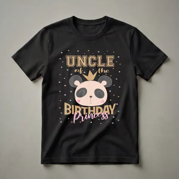 Black t-shirt with a graphic featuring a cartoon panda wearing a crown, the words 'UNCLE of the BIRTHDAY Princess', and scattered stars.
