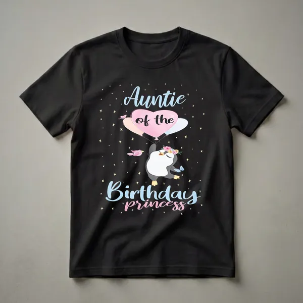 Black t-shirt featuring a cartoon penguin wearing a flower crown, holding pastel balloons, with birds and butterflies, and the text 'Auntie of the Birthday Princess'.