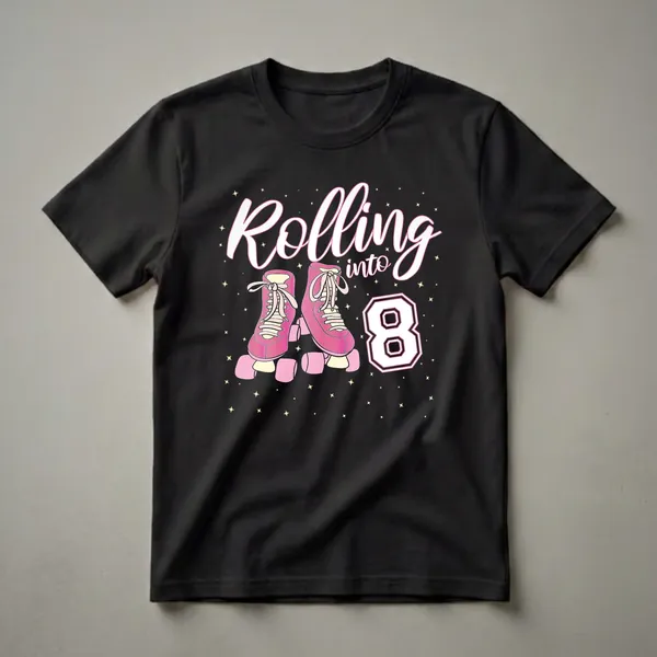 Black t-shirt with a graphic design featuring pink roller skates, the word 'Rolling', the word 'into', and the number '8', surrounded by yellow stars.