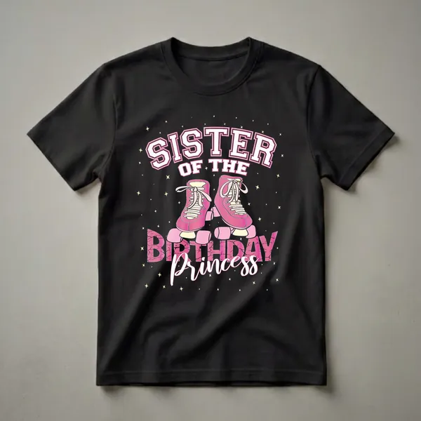 Black t-shirt with white and pink collegiate-style text reading 'SISTER OF THE BIRTHDAY PRINCESS' above a graphic of pink roller skates with white laces, surrounded by yellow stars.