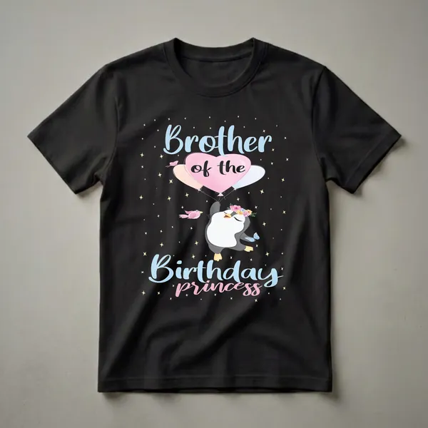 Black t-shirt featuring a cartoon penguin hanging from balloons with the text 'Brother of the Birthday Princess' in blue and pink lettering, surrounded by stars.