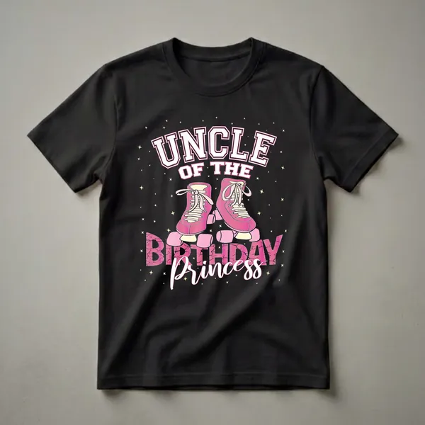Black t-shirt featuring the text 'UNCLE OF THE BIRTHDAY Princess' with pink roller skates and yellow stars.
