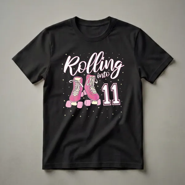 Black t-shirt featuring the text "Rolling into 11" in white and pink script, a pair of pink roller skates with yellow accents, and scattered yellow stars.