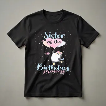 Sister of the Birthday Princess Penguin Graphic T-Shirt for Girls