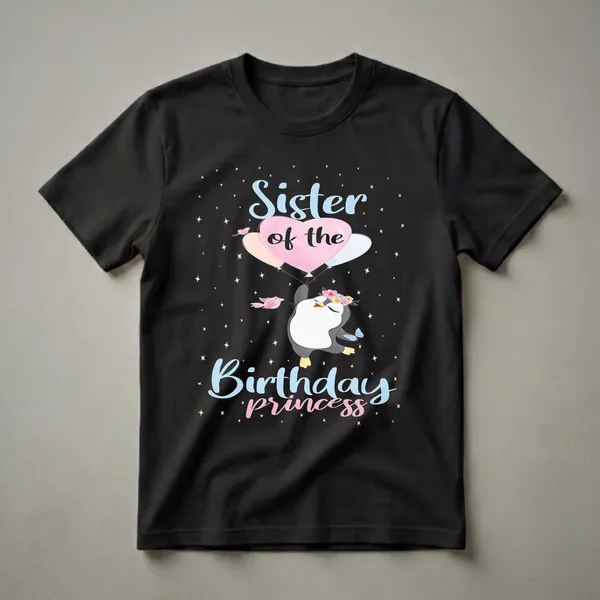 Black t-shirt featuring a cartoon penguin with a flower crown holding balloons, with birds and butterflies against a starry night background, with the text 'Sister of the Birthday Princess'.