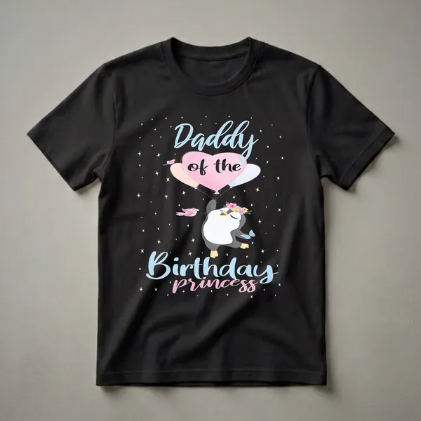 Black t-shirt with 'Daddy Of The Birthday Princess' text, a cartoon penguin wearing a flower crown holding balloons, and a starry background.