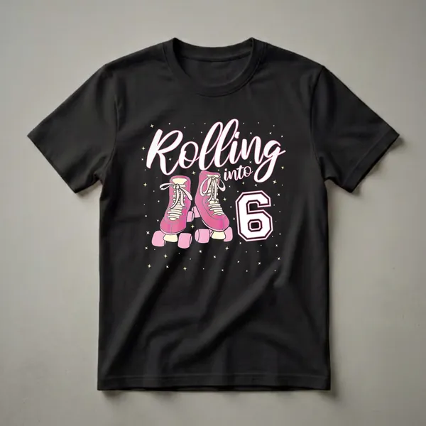 Black t-shirt with a graphic design featuring pink roller skates, the number 6, and yellow stars, celebrating a 6th birthday.