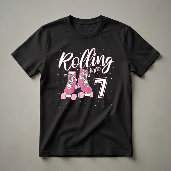 Black t-shirt graphic with pink roller skates, "Rolling into 7" text, and a large "7" against a black background with yellow stars.