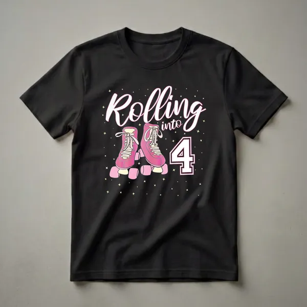 Black t-shirt with a graphic design of pink roller skates, the words 'Rolling into 4', and a large number 4, surrounded by yellow stars.