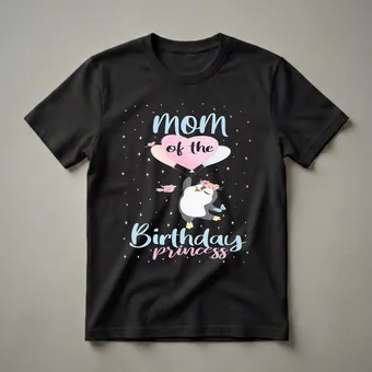 Mom of the Birthday Princess Penguin Graphic T-Shirt for Girls