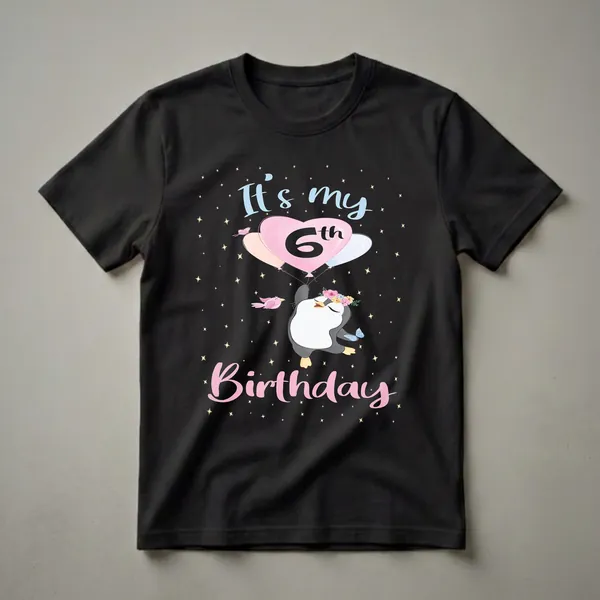 Black t-shirt featuring a cartoon penguin wearing a flower crown, holding pink and blue balloons, with the text 'It's my 6th Birthday' and scattered stars.