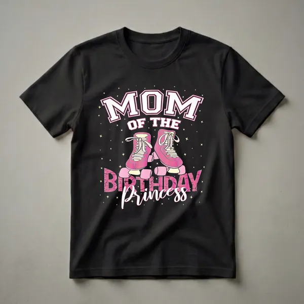 Black t-shirt with white and pink text reading 'Mom of the Birthday Princess' above pink roller skates and surrounded by yellow stars.