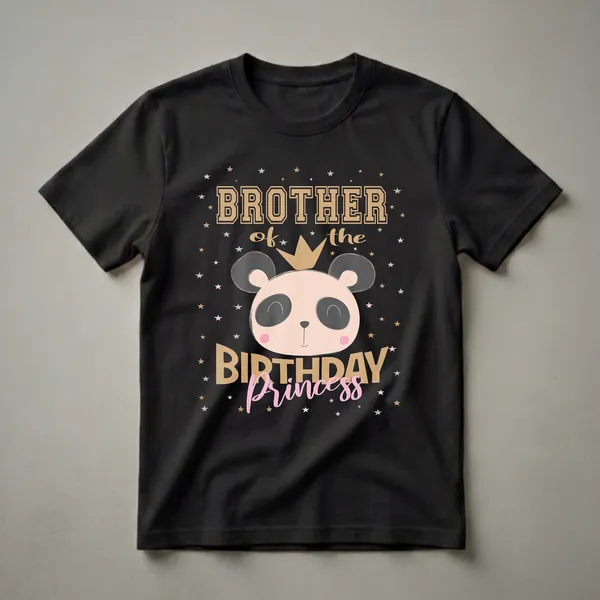 Black t-shirt with a cartoon panda wearing a golden crown, surrounded by stars, and text reading 'BROTHER of the BIRTHDAY Princess'.