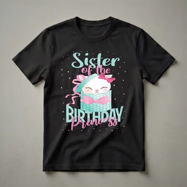 A black t-shirt featuring a white cartoon kitten wearing a pink bow, peeking out of a teal polka dot gift box with a pink bow, with the text 'Sister of the Birthday Princess' and 'BIRTHDAY Princess' and yellow stars.