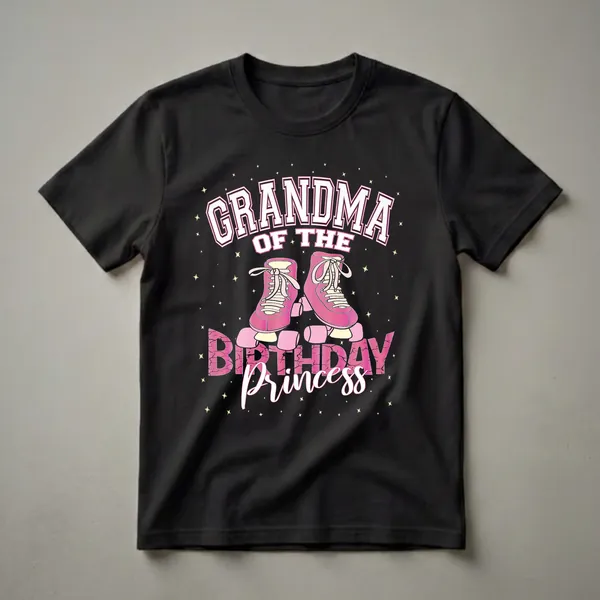 Black t-shirt with white and pink text reading "Grandma Of The Birthday Princess" and a graphic of pink roller skates with yellow laces and wheels, surrounded by yellow stars.