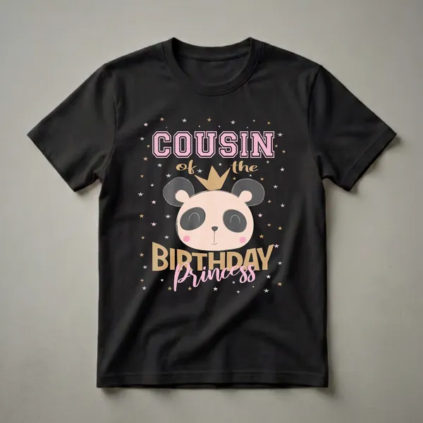 Black t-shirt with a graphic design that reads 'Cousin of the Birthday Princess' above a cartoon panda bear wearing a crown, surrounded by pink, gold, and silver stars.