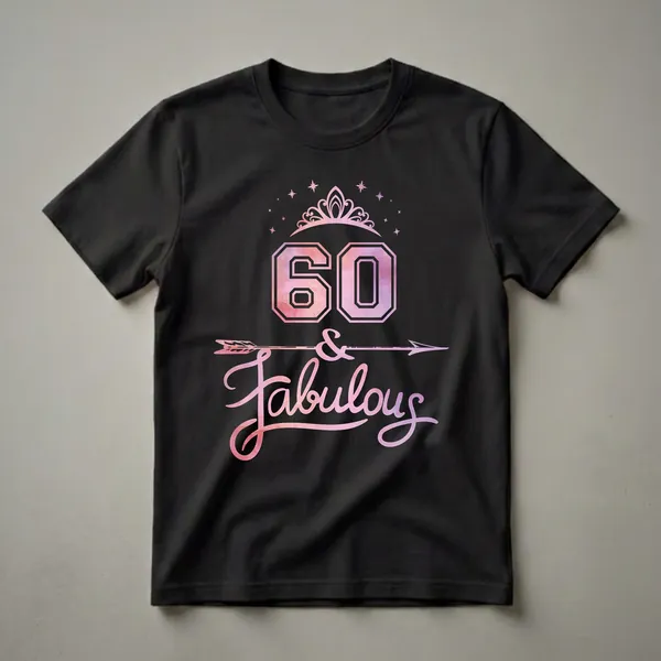 Black t-shirt with a pink and purple watercolor "60" graphic, a tiara, stars, an arrow, and the word "Fabulous" in script.