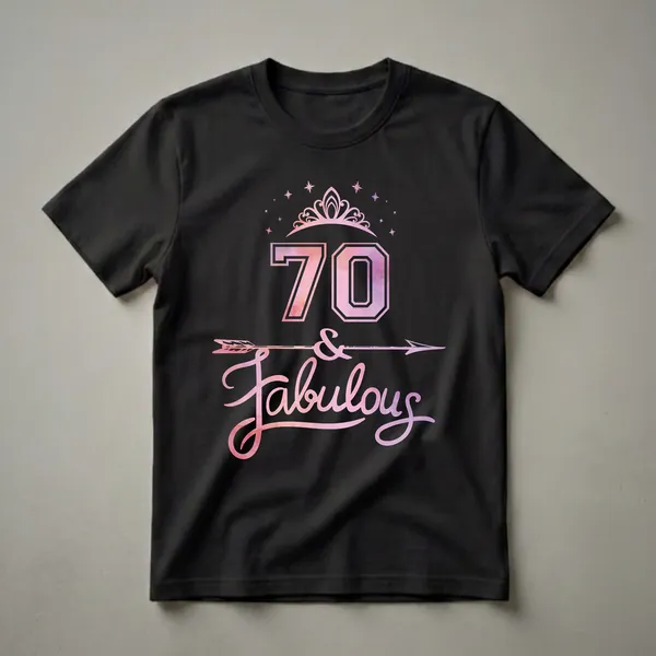 Black t-shirt with a pink and purple watercolor graphic that reads '70 & Fabulous', featuring a tiara and stars.