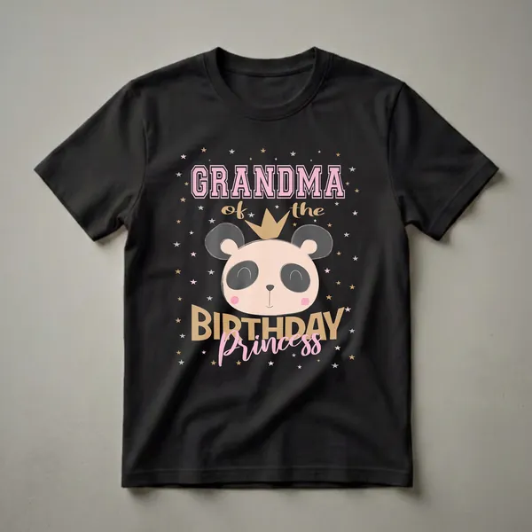 Black t-shirt featuring a cartoon panda bear wearing a golden crown, with the text 'Grandma of the Birthday Princess' and scattered stars.