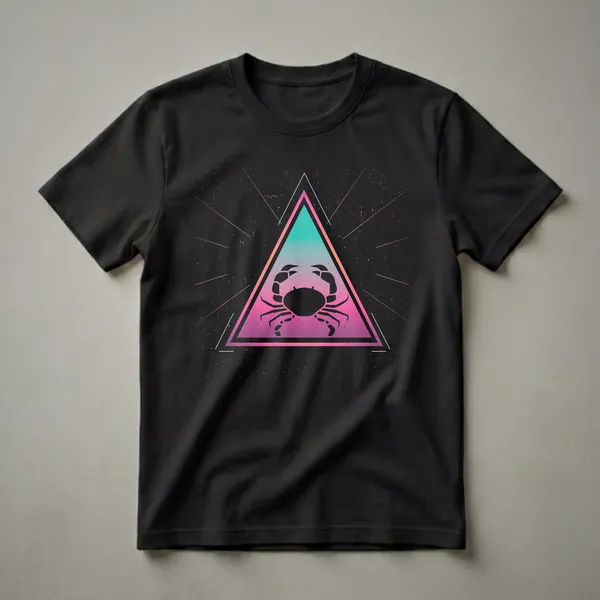 Black graphic t-shirt featuring a black king crab silhouette inside a pink and teal gradient triangle with retro geometric lines and speckles on a black background.