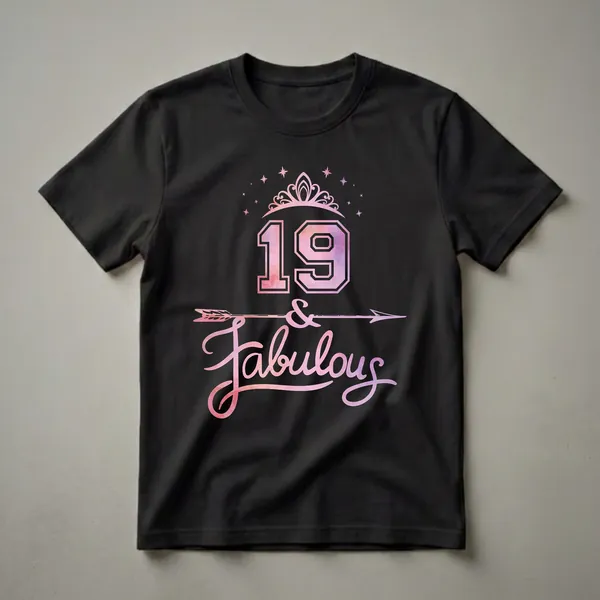 Black t-shirt featuring a pink and purple watercolor number 19, a tiara, stars, and the text '19 & Fabulous' with an arrow.