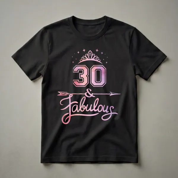 Black t-shirt with a graphic design featuring the number 30 in watercolor fill, a pink and purple tiara, stars, an arrow, and the word 'Fabulous' in script.