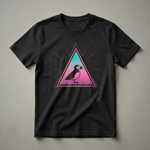 Black puffin silhouette inside a teal-to-pink gradient triangle with radiating geometric lines and speckles on a black background.