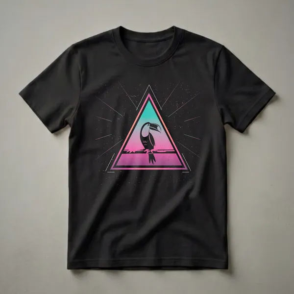 Black toucan silhouette perched on a branch inside a geometric triangle with pink and teal gradient, set against a black background with colorful lines and speckles.