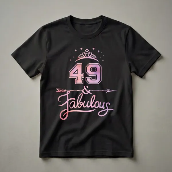 Black t-shirt with a pink and purple watercolor graphic that reads '49 & Fabulous' with a tiara and stars above the number 49.
