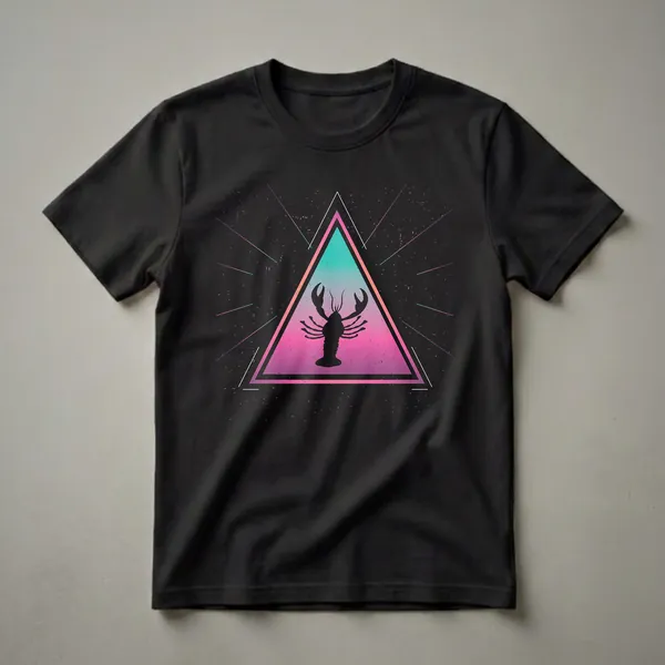 Black t-shirt with a black lobster silhouette centered inside a teal-to-pink gradient triangle outlined in pink, with thin radiating lines and white speckles on a black background.