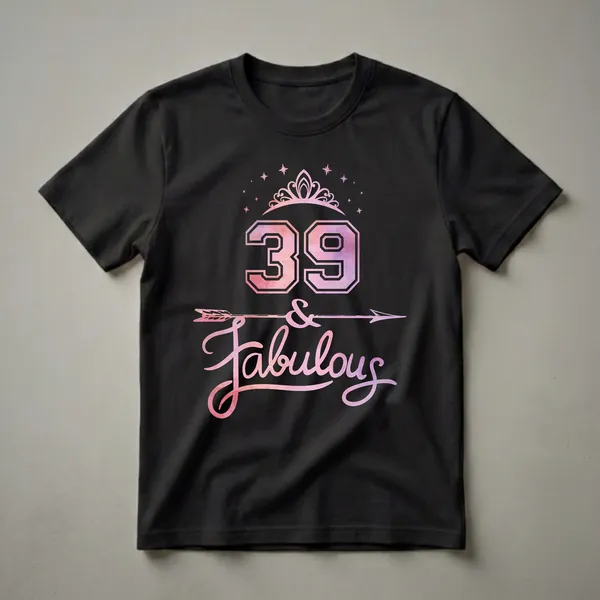 Black graphic t-shirt featuring the number 39 with a pink and purple watercolor fill, a tiara, stars, an arrow, and the words 'and Fabulous'.