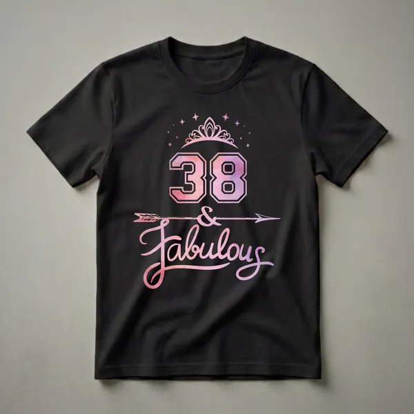 Black t-shirt with a pink and purple watercolor graphic that reads '38 & Fabulous', featuring a tiara, stars, and an arrow.