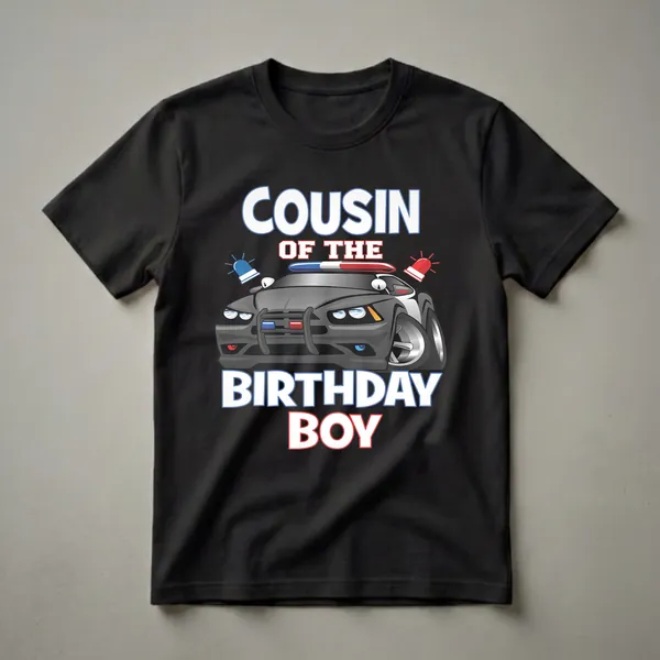 Black t-shirt with a cartoon police car graphic and the text "COUSIN OF THE BIRTHDAY BOY" in bold white letters with blue and red outlines.