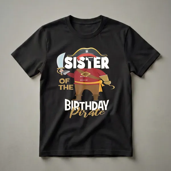 Black t-shirt with a cartoon pirate graphic and text that reads 'Sister of the Birthday Pirate'. The pirate wears a hat, eye patch, and holds a sword.