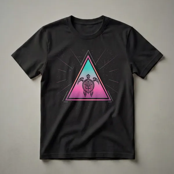 Black graphic t-shirt featuring a tribal sea turtle inside a geometric triangle with a pink and teal gradient background and radiating lines.