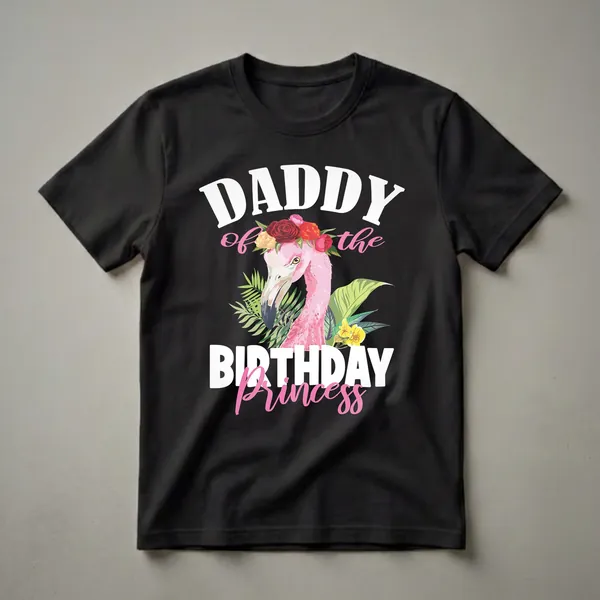 Black t-shirt with white text 'DADDY of the BIRTHDAY Princess' and a pink flamingo wearing a floral crown with tropical leaves.