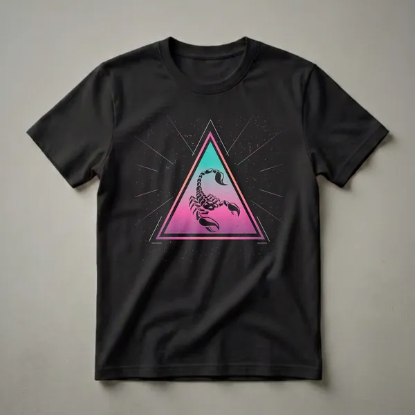 Black graphic t-shirt featuring a black scorpion silhouette inside a teal-to-pink gradient triangle with radiating colorful lines and speckles on a black background.